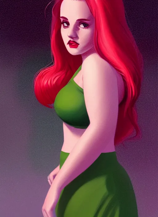 Image similar to full body portrait of teenage cheryl blossom, obese, bangs, green eyes, sultry, realistic, red hair, sultry smirk, wavy hair, pink skirt, fat, intricate, elegant, glowing lights, highly detailed, digital painting, artstation, concept art, smooth, sharp focus, illustration, art by wlop, mars ravelo and greg rutkowski