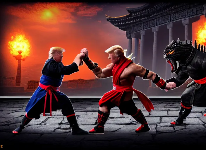 Prompt: 5 5 mm photo of trump fights biden in mortal kombat on the background of an ancient temple with a giant shao kahn laughing. fantasy magic style. highly detailed 8 k. intricate. lifelike. soft light. sony a 7 r iv 5 5 mm. cinematic post - processing