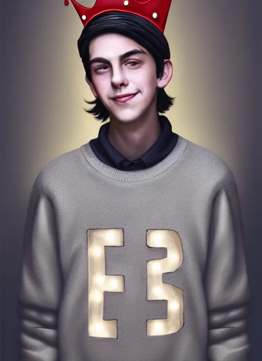 Image similar to portrait of teenage jughead jones wearing a light grey crown, photorealistic, crown, eyes closed, crown, black hair, sweater with letter s on it, letter s, intricate, elegant, glowing lights, highly detailed, digital painting, artstation, concept art, smooth, sharp focus, illustration, art by wlop, mars ravelo and greg rutkowski