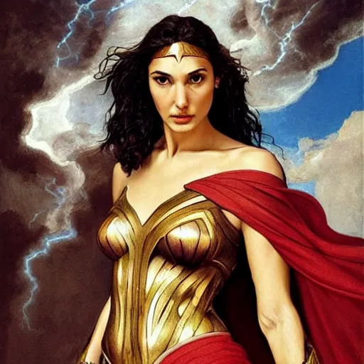 Image similar to Full body oil painting of the beautiful woman Gal Gadot, she is wearing some withe ancient roman cloths and a surreal ornate, her hair is natural disheveled, she is approaching heaven, people are claiming for her, she is attracting lightnings, naturalism, dramatic lighting, high-detailed oil painting by Ilya Repin, Michelangelo da Caravaggio, William Blake, Alex Grey and Beksinski, trending on Artsatio, hystorical painting, masterpiece, 4k, 8k,