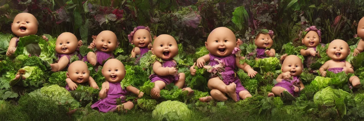 Prompt: A gaggle of ultrarealistic Cabbage-patch demon babies are eating each other in a hellish garden, horror, dark, cabbages, 8k resolution