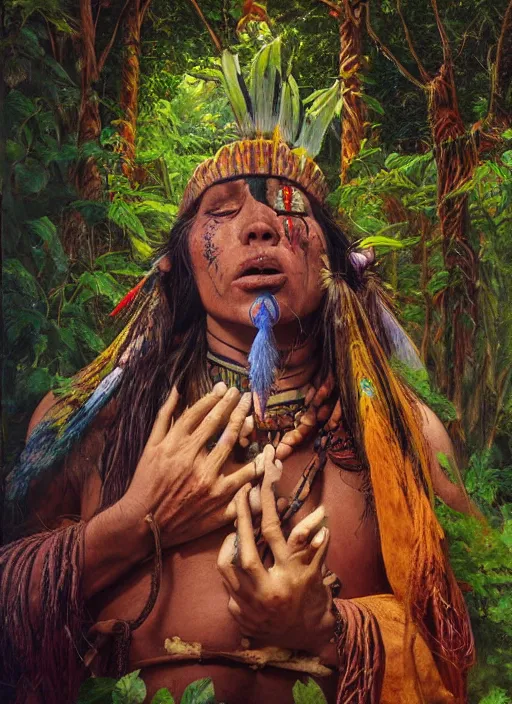 Image similar to a beautiful painted portrait of an indigenous shaman chanting in the jungle, matte painting, fantasy art, ayahuasca