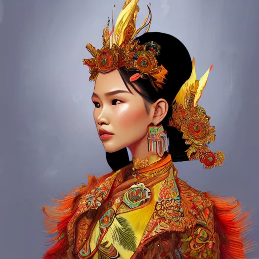 Image similar to portrait of an indonesian supermodels wearing traditional costume, highly detailed, digital painting, artstation, concept art, sharp focus, illustration, art by kittichai rueangchaichan and james gurney and alphonse mucha