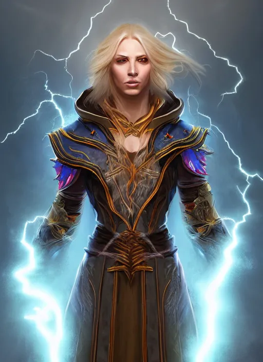 Prompt: portrait of an athletic female sorcerer yelling and casting a lightning spell as a diablo 3 character, looking at camera, her robe is infused with lightning bolts, D&D, lightning master, long blond hair, intricate, elegant, stylish, fantasy, extremely detailed, digital painting, artstation, concept art, smooth, sharp focus, illustration, ambient lighting, art by artgerm and greg rutkowski and alphonse mucha and simon stalenhag