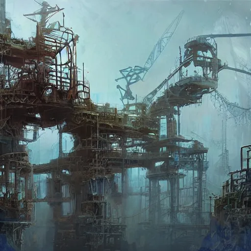 Prompt: post apocalyptic overgrown oil rig by marc simonetti, trending on artstation, digital artwork, highly detailed, contest winner, environmental artwork, concept art