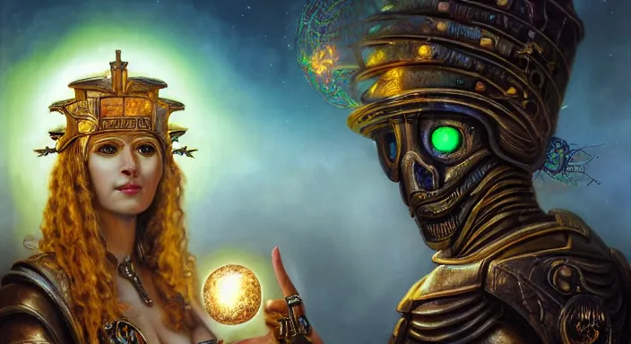 Prompt: stargate background of trojan horse, closeup portrait of eris discordia, holding an glowing reflective gold!!! metal apple, goddess of chaos, fantasy character portrait, ultra realistic, wide angle, intricate details, artifacts, luminous skies, michael cheval, peter mohrbacher, boris vallejo, jessica rossier, oil painting, highly detailed, cinematic lighting, unreal