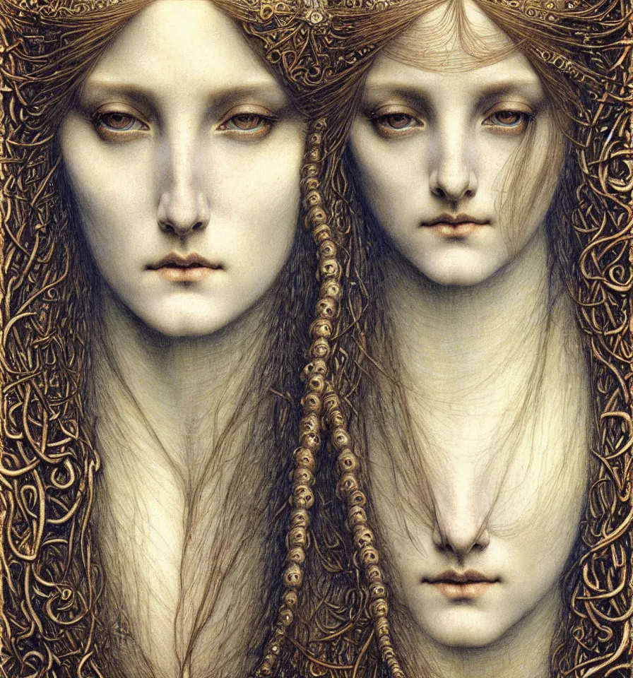 Image similar to detailed realistic beautiful young medieval queen face portrait by jean delville, gustave dore and marco mazzoni, art nouveau, symbolist, visionary, gothic, pre - raphaelite. horizontal symmetry