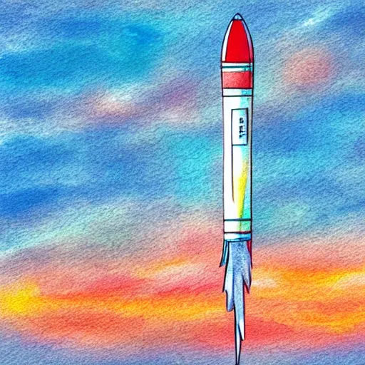 Prompt: a rocket launching into the sky, sunset, fluffy clouds, beautiful digital art, pixiv, digital watercolor painting