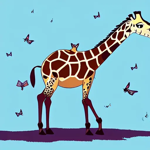 Prompt: giraffe with butrerfly wings on its back, full body shot, wings, by studio ghibli