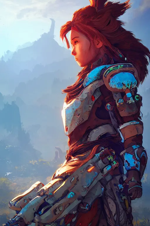 Image similar to combination suit armor aloy horizon forbidden west horizon zero dawn radiating a glowing aura global illumination ray tracing hdr fanart arstation by ian pesty and alena aenami artworks in 4 k tribal robot ninja mask helmet backpack