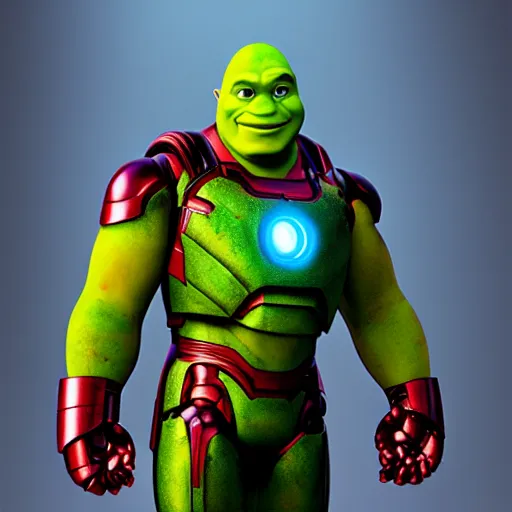 Image similar to “Shrek iron man, UHD, hyperrealistic render, 4k, cyberpunk”