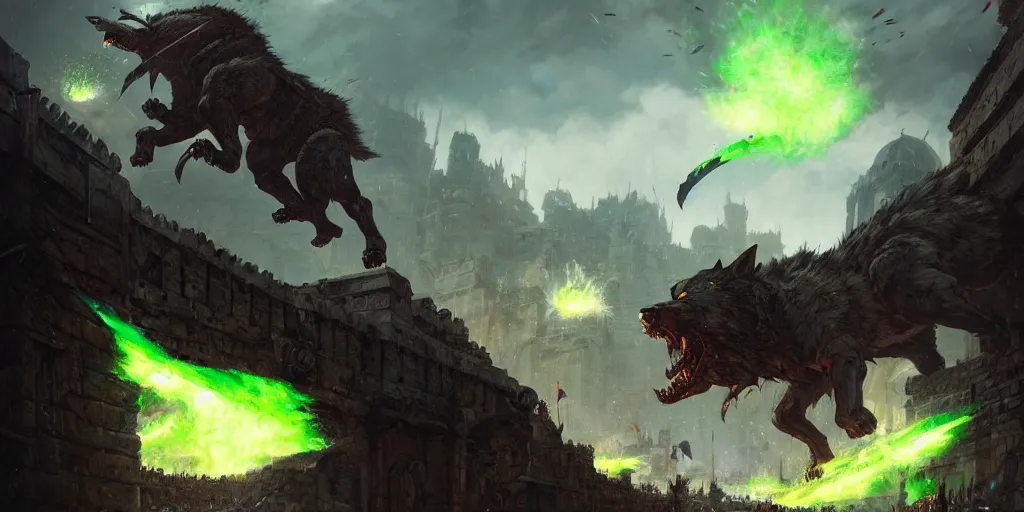 Prompt: An epic battle inside a walled city. Giant wolf is attacked by green lasers, magic barrage, raining, epic. In style of Greg Rutkowski, Jesper Ejsing, Makoto Shinkai, trending on ArtStation, fantasy, great composition, concept art, highly detailed, scenery, 8K, Behance.