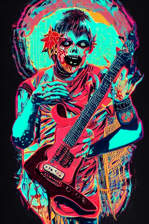 Image similar to risograph of a punk zombie playing guitar, tristan eaton, victo ngai, artgerm, rhads, ross draws, intricated details