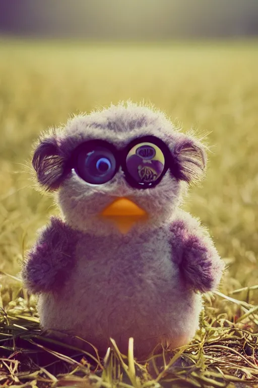 Image similar to agfa vista 4 0 0 photograph of a furby in a field, lens flare, moody lighting, moody vibe, telephoto, 9 0 s vibe, blurry background, grain, tranquil, calm, faded!,