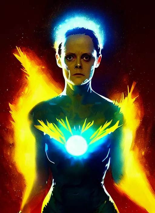 Image similar to young sigourney weaver as dark phoenix, by ismail inceoglu