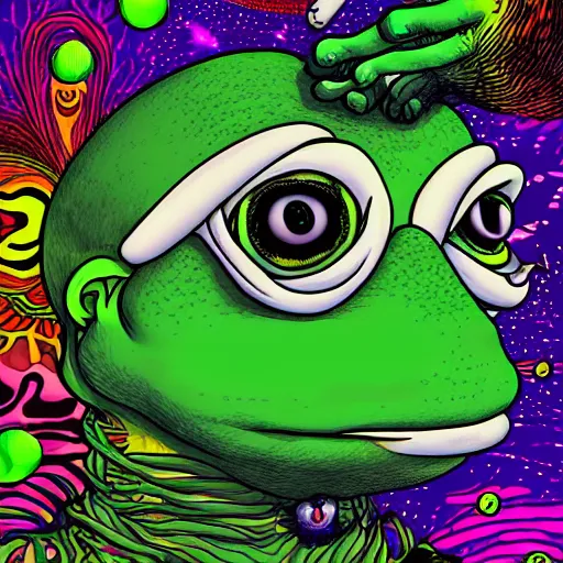 Prompt: a 3 d render of a psychedelic pepe, tripping on mushrooms, floating in space, hd, digital art