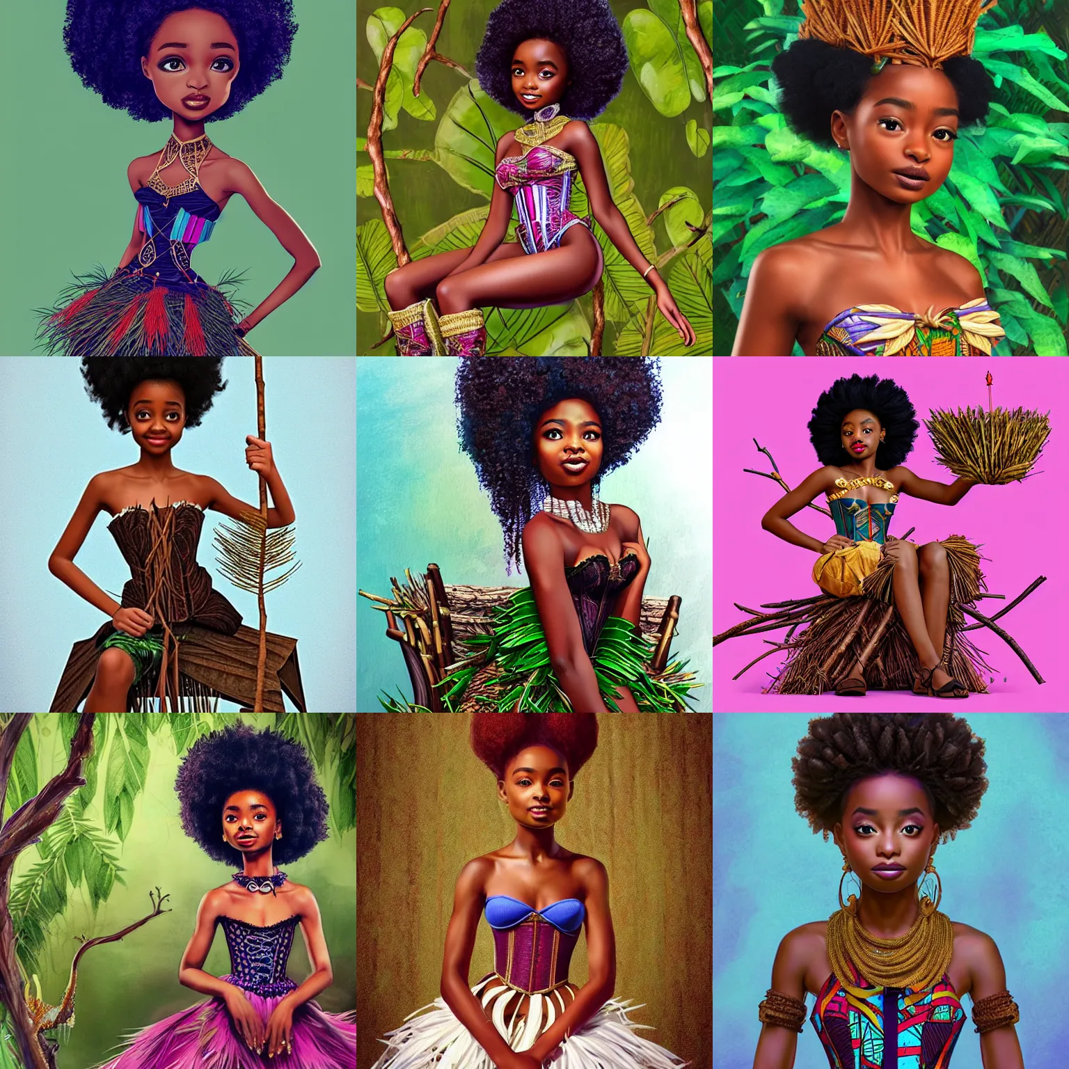 Prompt: african princess, inspired by yara shahidi and skai jackson with an afro, sitting on an royal throne made of twigs and leaves, wearing corset, inspired by artgerm, character concept art by celinart.