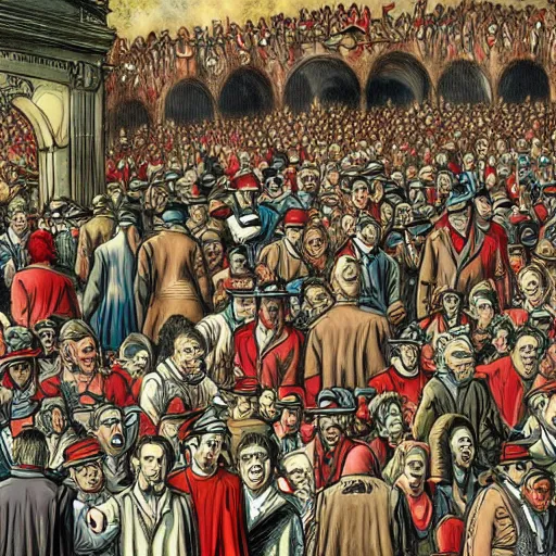 Image similar to where's wally in a crowd scene of, hellfire, demons, highly detailed