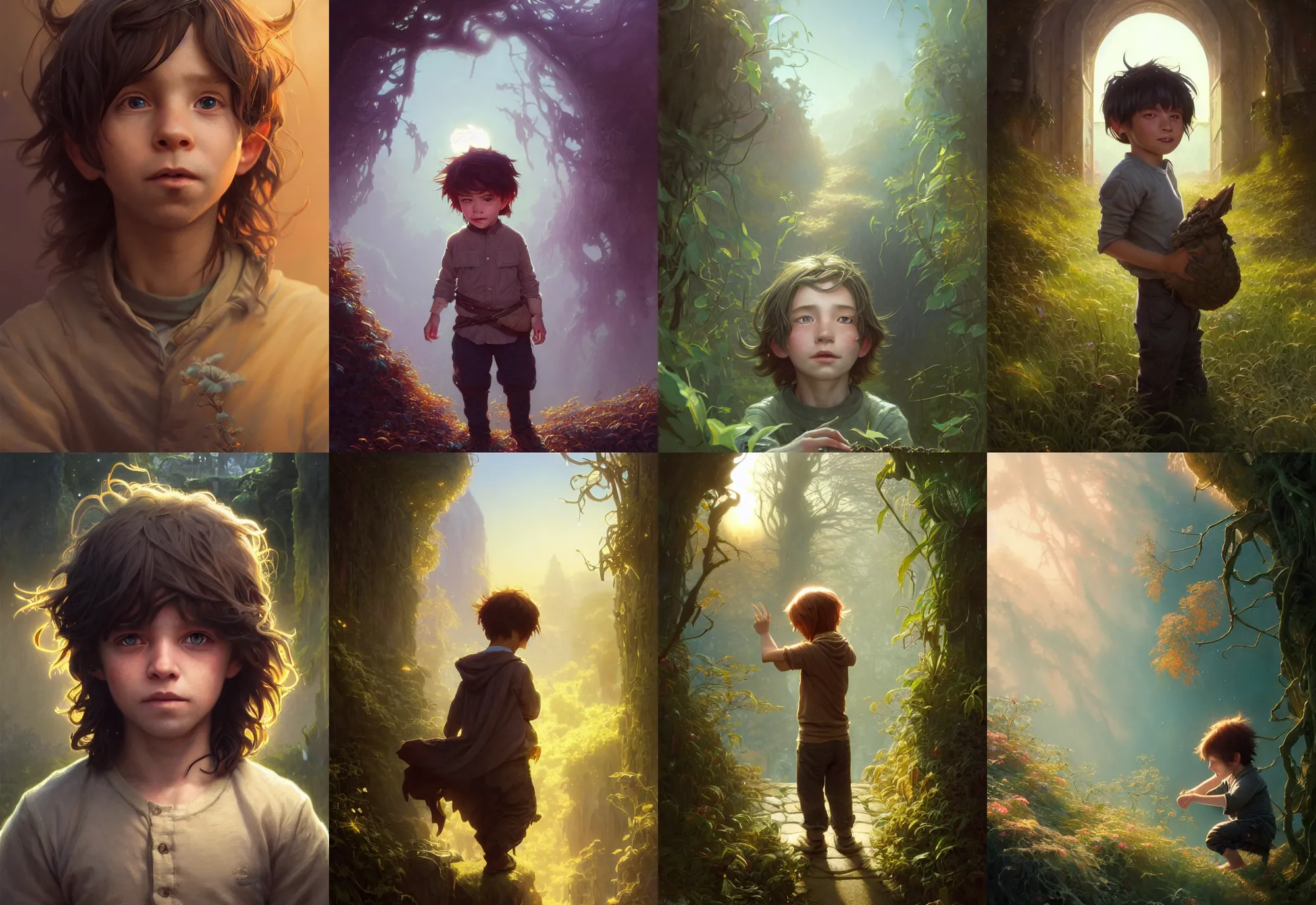 Image similar to highly detailed portrait of a little boy with long hairs, stephen bliss, unreal engine, fantasy art by greg rutkowski, loish, rhads, ferdinand knab, makoto shinkai and lois van baarle, ilya kuvshinov, rossdraws, tom bagshaw, alphonse mucha, global illumination, radiant light, detailed and intricate environment