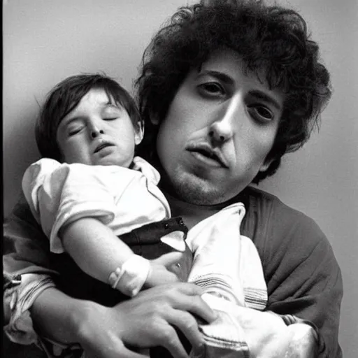 Image similar to bob dylan cradling fat little man like a baby, photograph, 1 9 6 5