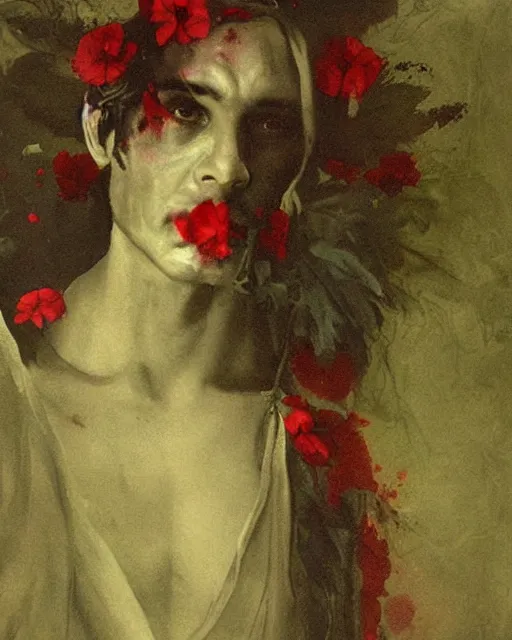 Image similar to a beautiful and eerie baroque painting of a beautiful but serious man in layers of fear, with haunted eyes and dark hair, 1 9 7 0 s, seventies, floral wallpaper, wilted flowers, a little blood, morning light showing injuries, delicate embellishments, painterly, offset printing technique, by robert henri, walter popp, alan lee