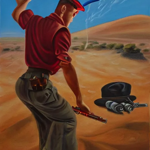 Prompt: a painting of an israeli solidier with sunglasses, a field cap, and a red ascot tie throwing a frag grenade in the desert high details