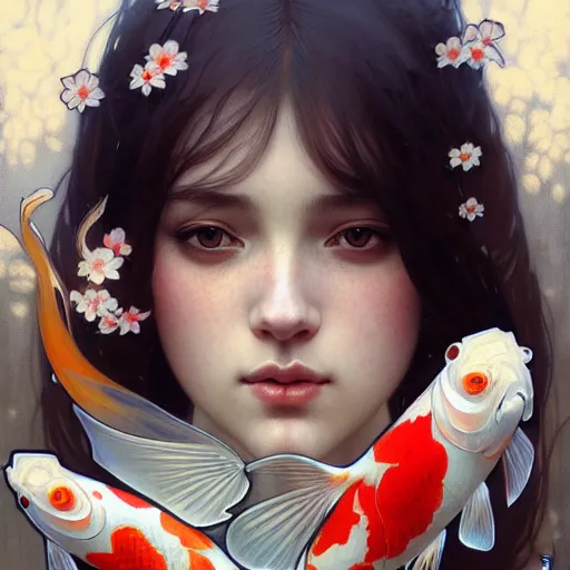 Image similar to Portrait of a girl surrounded by Koi fish, face, fantasy, intricate, elegant, highly detailed, digital painting, artstation, concept art, smooth, sharp focus, illustration, art by Krenz Cushart and Artem Demura and alphonse mucha