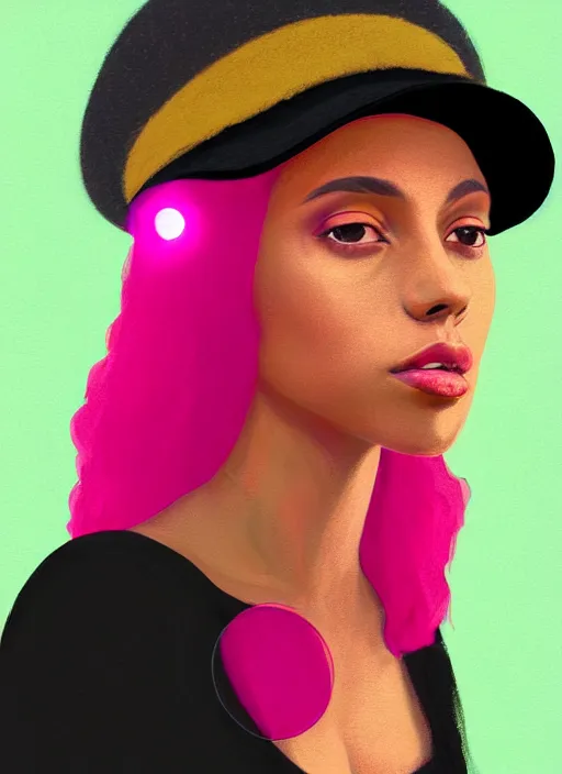 Image similar to portrait of teenage vanessa morgan with bright pink hair, black girl, vanessa morgan, curly pixie cut hair, wearing newsboy cap, newsboy cap, hoop earrings, intricate, elegant, glowing lights, highly detailed, digital painting, artstation, concept art, smooth, sharp focus, illustration, art by wlop, mars ravelo and greg rutkowski