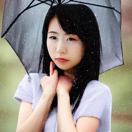 Prompt: centered portrait of beautiful Kawai Japanese girl posing in the rain
