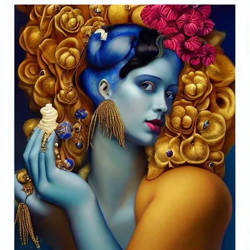 Prompt: golden ratio composition, a painting of a blue skinned woman with hair of flowers and peacock plummage wearing ornate earrings, a surrealist painting by tom bagshaw and jacek yerga and tamara de lempicka and jesse king, featured on cgsociety, pop surrealism, surrealist, dramatic lighting, wiccan, pre - raphaelite, ornate gilded details