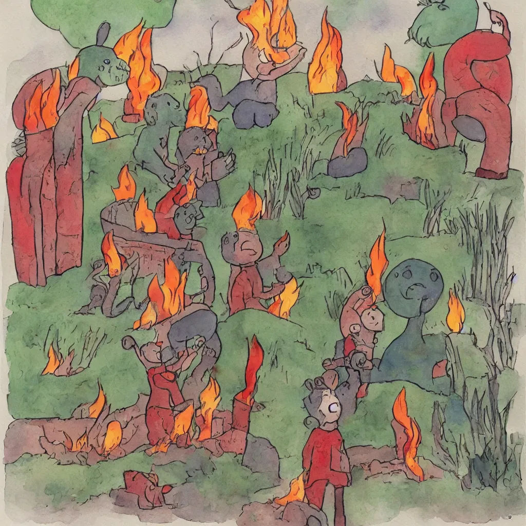 Image similar to babar discovers fire outsider art children's illustration watercolor painting