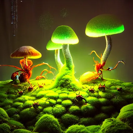 Prompt: a beautiful macro photography of luminescence moss with fungus and neon mushroom with real little bugs and giant ants, hyper detailed, warm volumetric lights, made by gerald brom and mike winkelmann, photorealism