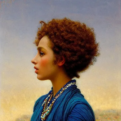 Image similar to somali woman with curly hair, fedosenko roman, j. w. godward, jose miguel roman frances, intricate details, solid color backdrop, countryside, dreamy, impressionist, figurative