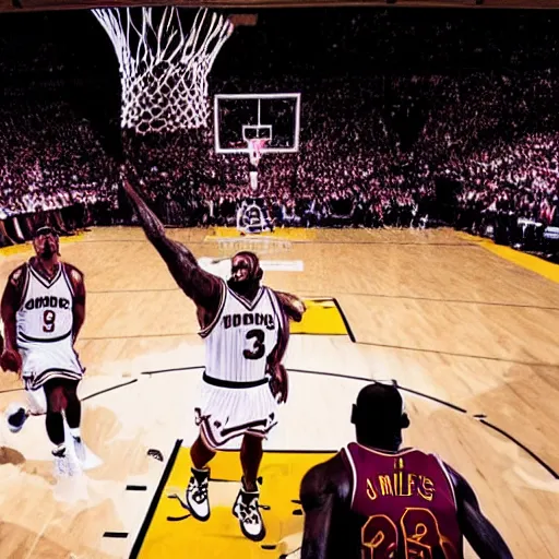 Image similar to lebron James posterizing Michael Jordan, sports photography,