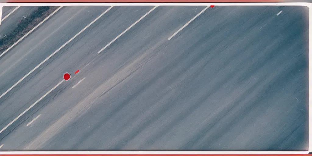 Prompt: analog polaroid photograph of an empty freeway seen from above, drone footage, film grain, azure tones, red color bleed