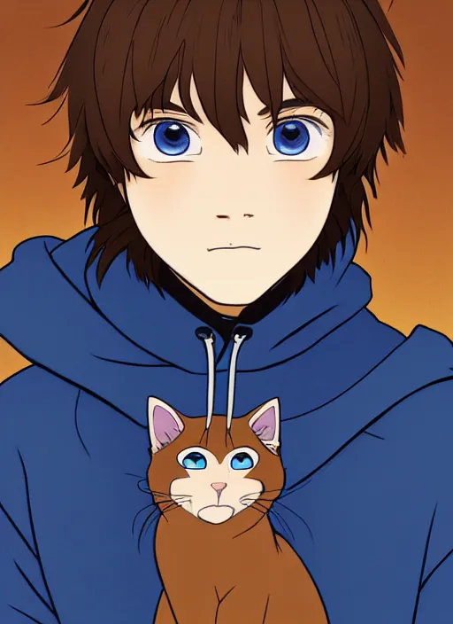 Image similar to teen boy with brown hair and big blue eyes, wearing a black hoodie with cat ears on top of it, natural lighting, path traced, highly detailed, high quality, cartoon, digital painting, by don bluth and ross tran and studio ghibli and alphonse mucha