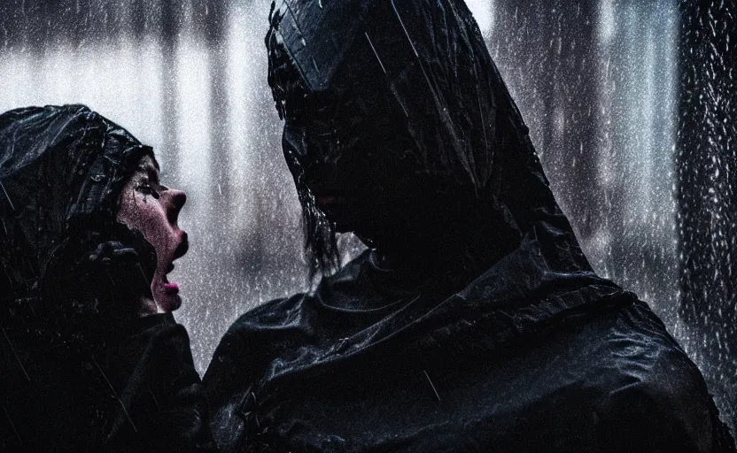 Image similar to cinestill 5 0 d candid photographic portrait by christopher nolan of two loving female androids sobbing wearing rugged black mesh techwear in treacherous waters, extreme closeup, modern cyberpunk moody emotional cinematic, pouring rain menacing lights shadows, 8 k, hd, high resolution, 3 5 mm, f / 3 2, ultra realistic faces, ex machina