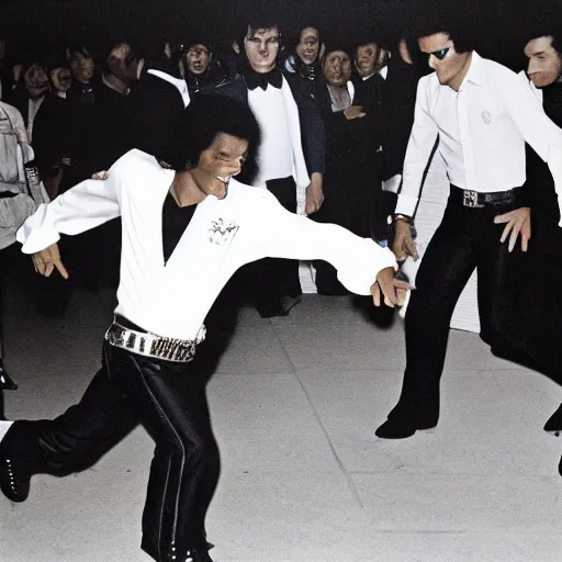 Prompt: Michael Jackson moonwalks in front of Elvis Presley