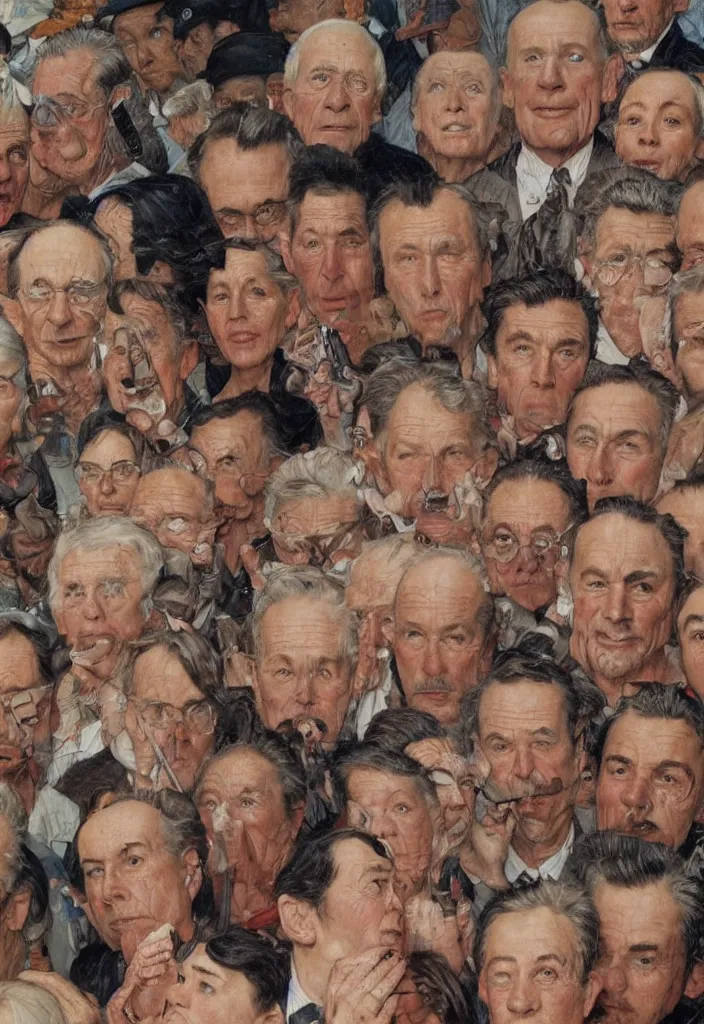 Prompt: small group of people, men and women, close - up of the faces, anatomically and proportionally correct : : oil painting by james jean, norman rockwell, milo manara and james gurney, intricate and detailed, photorealism, cgsociety