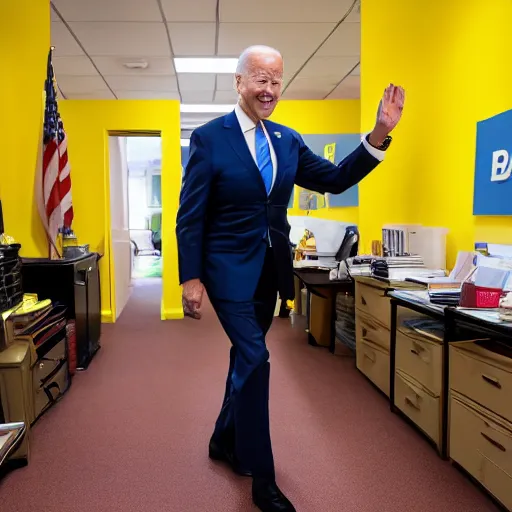 Image similar to joe biden inside an endless office with yellow walls