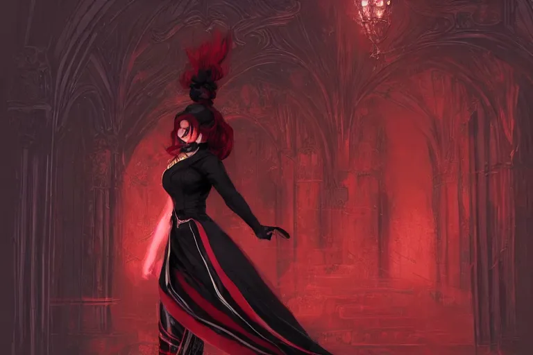 Image similar to female archmage, academy headmaster, red hair tied up in a bun black and red ornate!!! dress, character portrait, d & d, castle hallway background highly detailed, digital painting, artstation, concept art, sharp focus, illustration, cinematic lighting, art by artgerm and greg rutkowski and alphonse mucha