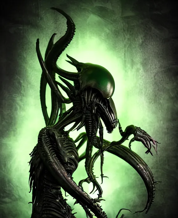 Image similar to xenomorph queen goth model hybrid, dragon eggs, dark emerald mist colors, giger background liminal void, cinematic lighting, realistic, award winning photograph, various refining methods, micro macro autofocus