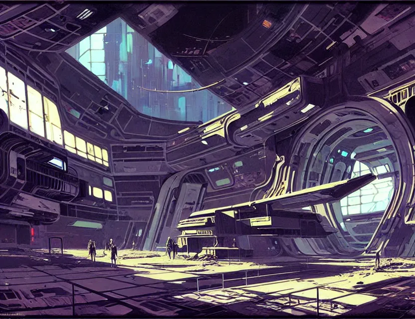 Image similar to concept art of an abandoned space station, by syd mead, cyberpunk, derelict, ancient, intricate details, cinematic, epic