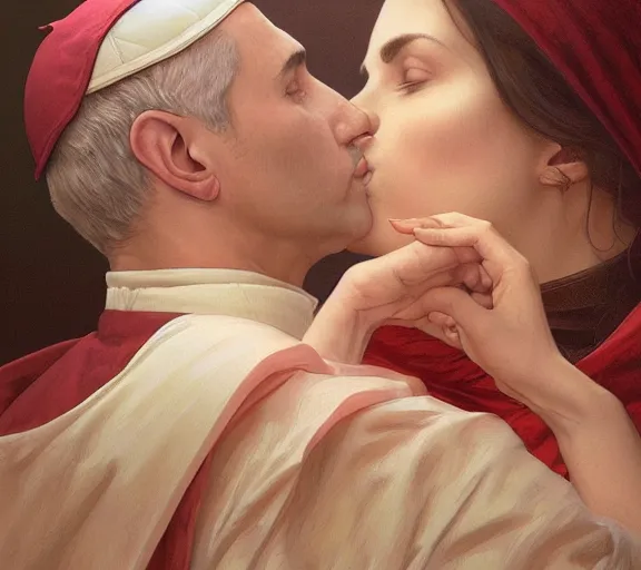 Image similar to photography of a pope kissing the breast of a sensual woman, deep focus, intricate, elegant, highly detailed, digital painting, artstation, concept art, matte, sharp focus, illustration, art by artgerm and greg rutkowski and alphonse mucha