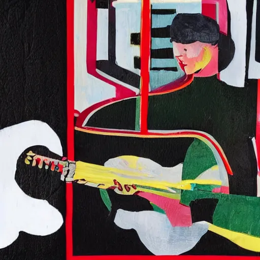 Image similar to portrait of a person playing guitar, abstract painting in the style of Sophie Taeuber-Arp and Gary Hume and Tatsuro Kiuchi, flat colour-block style, geometric abstraction, dark colours