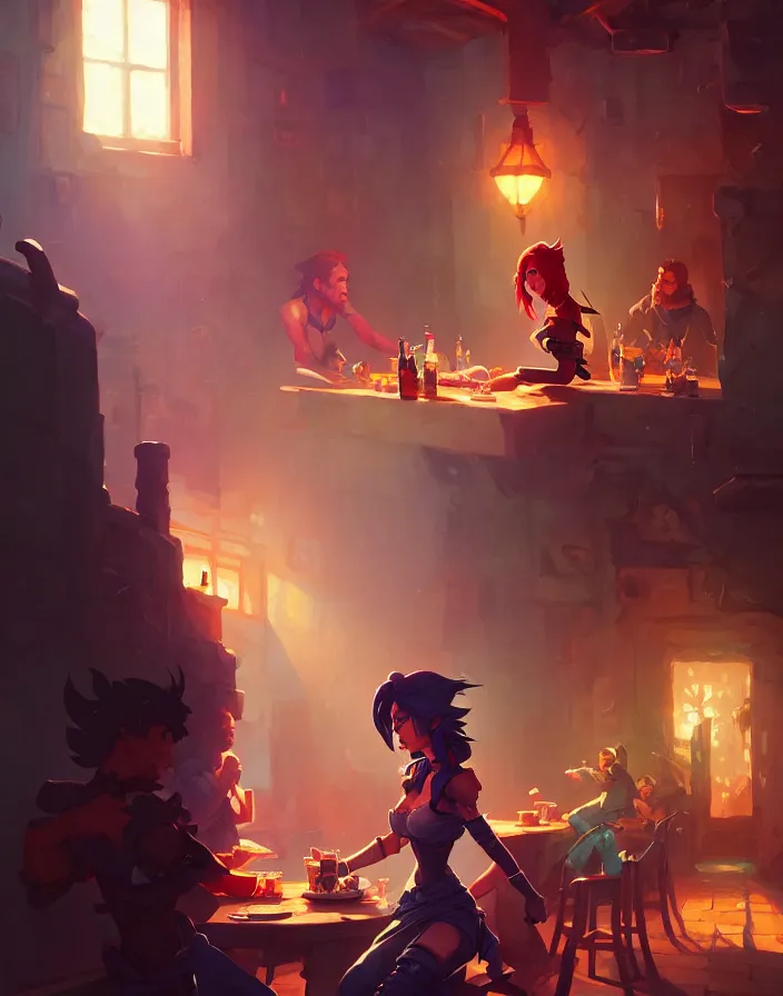 Image similar to super epically realized digital art depicting a rogue in a tavern, by stephen bliss, greg rutkowski, loish, rhads, makoto shinkai and lois van baarle, ilya kuvshinov, rossdraws.