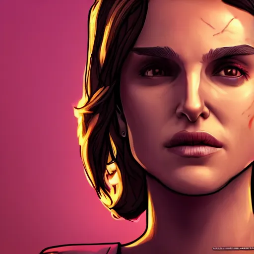 Image similar to natalie portman portrait, borderlands, tales from the borderlands, the wolf among us, comic, cinematic lighting, studio quality, 8 k