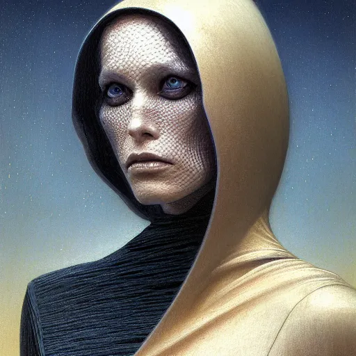 Image similar to sci - fi portrait of bene gesserit order sister by jean delville and rutkowski, intricate, hyperealistic, photoreal, 8 k resolution, highly detailed, proffesional illustration, high contrast, ambient occlusion