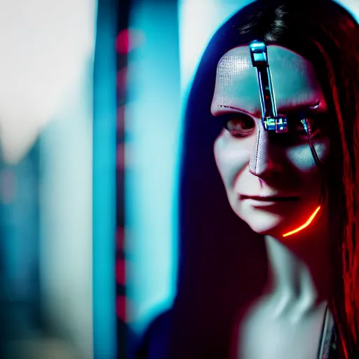 Image similar to cinematic movie still of cybernetic character named Mona Lisa Overdrive in Neuromancer, futuristic eye implant, cyberpunk, Burning Chrome, XF IQ4, 150MP, 50mm, F1.4, ISO 200, 1/160s, twilight in the city