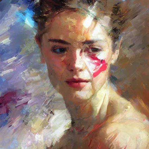 Prompt: spontaneous palette knife romantic portrait, beautiful juicy brush strokes, by Richard schmid and Sargent, trending on cgsociety, expressionism